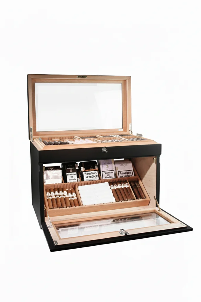 Adorini Portico Deluxe, μαύρο υγραντήριο για 400 πούρα, συμπαγής και μοντέρνος σχεδιασμός